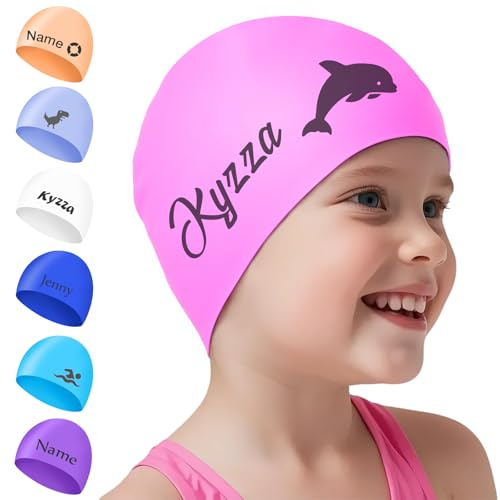 NGTSFLY Badekappe Kinder mit Name Muster,2025 Neueste Upgrade Verdickt Silikon Badekappe für Jungen Mädchen Der Text Ist Dunkler und Klarer (Rosa, M)