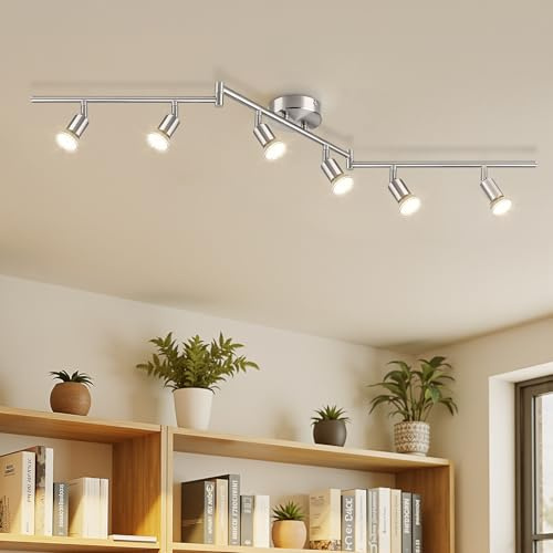 Ketom Deckenstrahler LED 6 Flammig, GU10 Deckenlampe Silber, Schwenkbar | Lampe Küche Decke Metall, Strahler Innen Wand Modern, Deckenleuchte 6 Spots für Wohnzimmer, Schlafzimmer, Ohne Leuchtmittel
