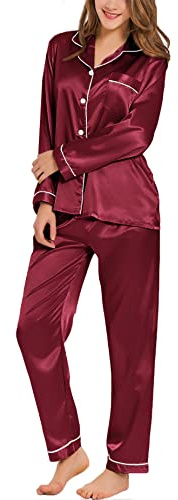 SWOMOG Satin Damen Schlafanzug mit Knopfleiste Langarm Nachtwäsche Pyjamas Set Zweiteiliger Nachtwäsche Hausanzug M