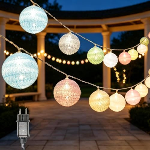 Ciskotu 3.8M lichterkette Innen, 20 LEDs Lichterketten Kinderzimmer Lampions, Kugeln Lichterketten schlafzimmer mit Stecker Cotton Ball für Weihnachten Party Garten Terrasse(Mehrfarbig)