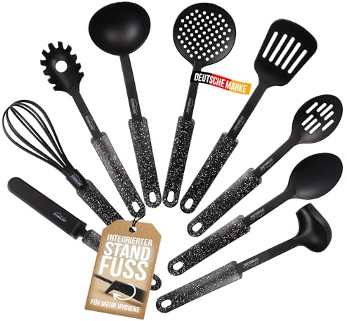 STONELINE 9-teiliges Nylon Küchenhelfer Set mit praktischer Stütze, Hitzebeständige Küchenutensilien für Antihaft Pfanne Topf, Hygienisches Küchenzubehör mit integrierter Küchenhelferablage, Schwarz