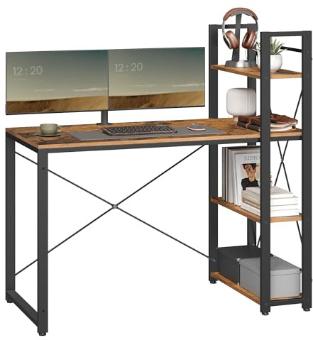 VASAGLE Schreibtisch, Computertisch mit Regalböden rechts oder Links, 120 cm breiter Bürotisch, für Arbeitszimmer, Homeoffice, einfacher Aufbau, vintagebraun-schwarz LWD48X