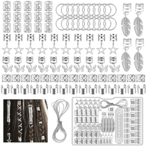 Zegnuem Dreadlocks Schmuck Haarschmuck Silber 90 Stück, Wikinger Haarschmuck Metall Braids Schmuck Verstellbar Haarperlen für Braids Zubehör Dekoration Männer Frauen Mädchen Jungen Braids Zubehör