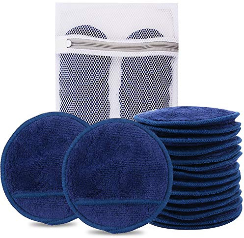 KinHwa Abschminkpads Waschbar 14er Set mit Schlaufe – Wiederverwendbare Wattepads aus Mikrofaser für Sanfte Gesichtsreinigung nur mit Wasser – Inkl. Wäschesack – Alle Hauttypen（Marineblau）