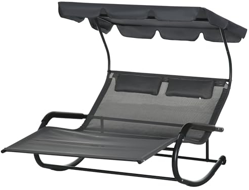 Outsunny Doppel-Sonnenliege Schaukelbank mit Sonnendach, Schaukelsessel mit Rollen, Gartenliege mit Kopfkissen, 220 kg Belastung, für 2 Personen, Dunkelgrau, 200x139x140cm