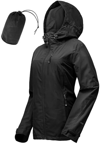 33,000ft Regenjacke Damen Wasserdicht Outdoorjacke Atmungsaktiv Herbst Übergangsjacke Leichte Jacke mit Kapuze Windbreaker zum Wandern Reisen Treking Fahrrad schwarz 42