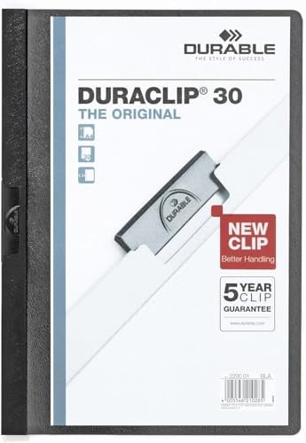 Durable Klemmmappe A4 (Duraclip Original 30, Hartfolie, bis 30 Blatt) 5 Stück, schwarz, 222701