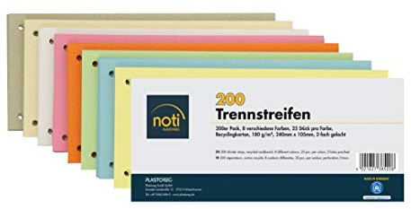 200 Trennstreifen in 8 Farben, 25 Stück pro Farbe, 24 x 10,5cm, gelocht, 180g/m² recycelter Karton, zum Sortieren von Dokumenten, bedruckbar