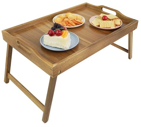 Utoplike Akazienholz Bett Tablett Tisch, großes Frühstückstablett mit klappbaren Beinen, Serviertabletts aus Holz für Essen, Arbeit am Laptop