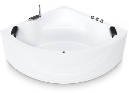 AQUADE Acryl Eckbadewanne 150x150 Komplettset Modell: Koblenz/Kassel mit Wannenfüßen + Schürze + Ab-Überlauf-Garnitur + Wannenrandarmatur + Nackenkissen + LED/Konfigurieren Sie Ihre Wanne