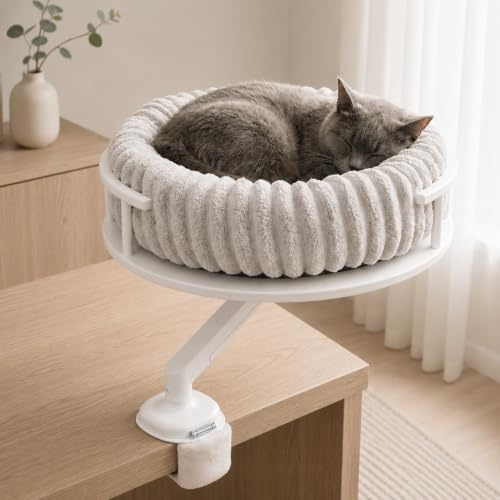 noviclass® Katzenbett LEVI | Katzenbett Schreibtisch | Katzenplattform | Für Tische und Fenstersims | Inkl. 2 Betten | Cord-Design Grau | Robust und modern (Weiß)