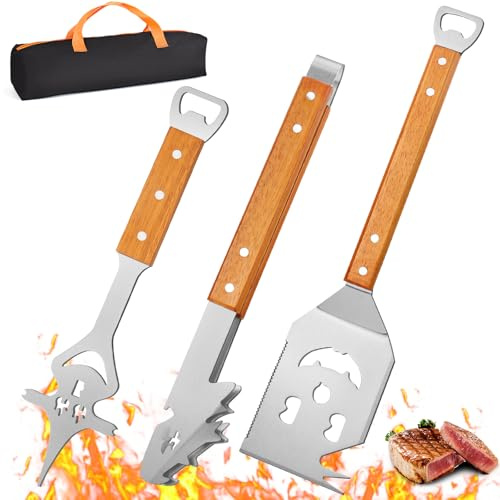 BBQ Grillbesteck Set 3-teilig, SeyYega Edelstahl Grillzubehör mit Holzgriff | 38 cm Grillzange, 42 cm Fleischgabel, Spülmaschinenfest, Profi Grillbesteck für Holzkohlegrill, Gasgrill & Camping
