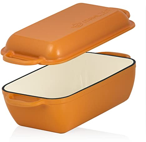 Mahlzeit Gusseisen Bräter mit Deckel emailliert | 4,8 Liter | Sunny Orange | Bräter 2in1 mit Bratpfanne | Backofengeeignet, Induktionsgeeignet | Doppelbräter, Entenbräter groß, Emaille Bräter