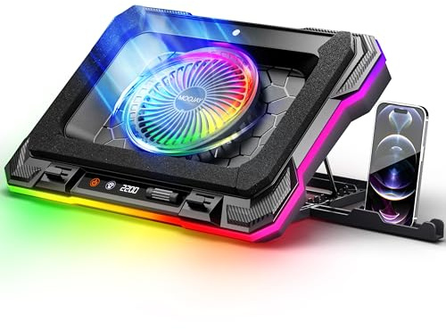 MOOJAY Laptop Kühlkissen Leistungsstarker Turbolüfter RGB Gaming Notebook Kühler mit 8 Höhenverstellbar und Handyständer, für 14-19 Zoll Laptops - Farbiges LED-Licht