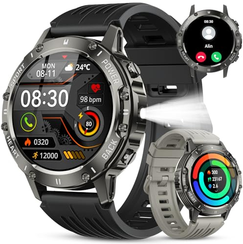 Militär Smartwatch Herren Fitnessuhr mit Telefonfunktion: Wasserdicht Armbanduhr Fitness tracker Bluetooth Anruf Smart Watch mit Herzfrequenz Schlafmonitor Sportuhr Schrittzähler Uhren für Android iOS