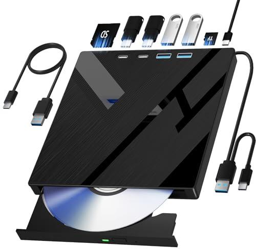 7 in 1 Externes DVD-Laufwerk, Externes CD/DVD-Laufwerk für Laptop mit SD/TF-Anschluss, CD-Brenner DVD-Player DVD-Brenner USB 3.0/Typ C, CD Rom Externes Laufwerk CD-Laufwerk für PC Laptop Windows Linux