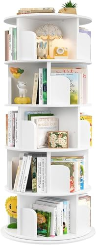 iSunirm 5-stöckiges drehbares Bücherregal, drehbarer Bücherregalturm aus Holz, rundes, um 360 Grad drehbares Bücherregal, Eck-Organizer für kleine Räume, Schlafzimmer, Büro, weiß