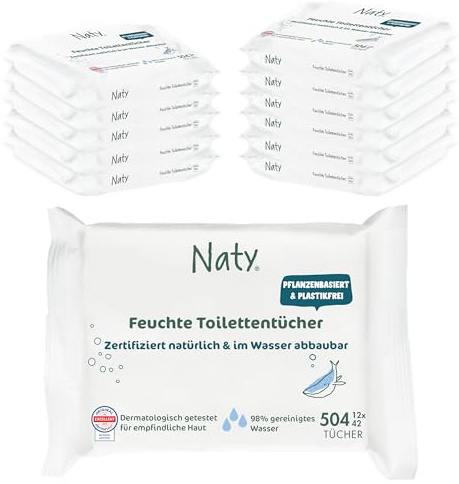 Naty Spülbare Baby Feuchttücher | Feuchte Toilettentücher für Kleinkinder | 98% gereinigtes Wasser, pflanzenbasiert & plastikfrei | Sanfte Reinigung für empfindliche Haut | 504 Tücher (12 Packungen)