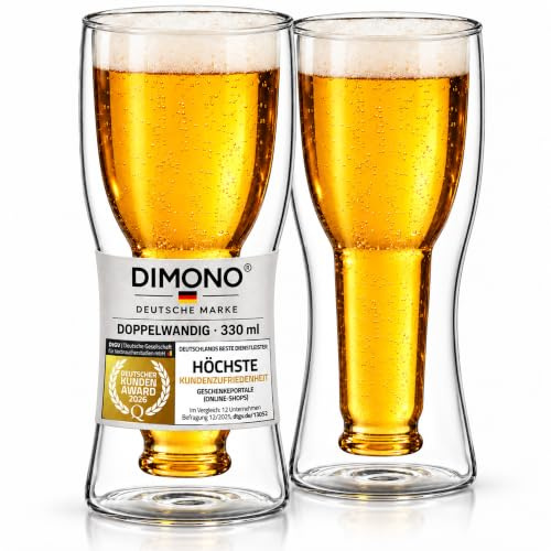 DIMONO® Doppelwandiges Bierglas 330ml, 2er Set Lustige Flaschen-Optik | Länger kühles Bier dank Thermoeffekt, schwebende umgestülpte Bierflasche im Pilsglas, kratzfestes Borosilikatglas, Geschenk