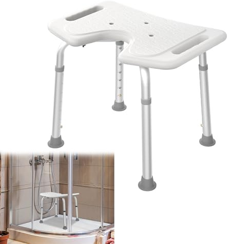 Suusolny U-förmig Badhocker Duschhocker Duschstuhl Verstellbar Höhe 35-51cm rutschfeste Fußstützen Duschsitz Duschhilfe Badewannensitz für Schwangere Alter bis 136KG