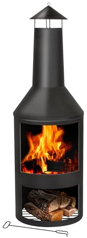BBQ Collection Terrassenofen mit Schornstein - Feuerstelle 44,5 x 44,5 x 134 cm - Gartenkamin für Brennholz - Gartenofen mit Funkenschutz und Holzablage - Terassenofen Außen - Karbonstahl