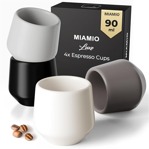 MIAMIO - Espressotassen 4er Set ohne Henkel (90 ml), Keramik Espresso Tassen dickwandig, Moderne Steingut Espressobecher & Mokkatassen - Luxe Collection (Classic Pastel)
