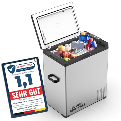 PLUG IN FESTIVALS Elektrische Kühlbox, 64 Liter | Tragbar, Kompressor Gefrierbox bis -20 Grad, Kühlbox Auto, Camping Kühlschrank, Powerstation zum Kühlen, 12V 230V