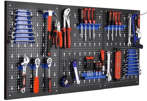 Werkzeugwand, 3-teilige Lochwand Werkstatt, Erweiterbare Werkzeuglochwand mit 17 Haken und Halterungen, 118 x 59.5 x 2 cm, Werkzeugwand aus Metall für Werkstatteinrichtung, Werkbank, Garage (Blau)