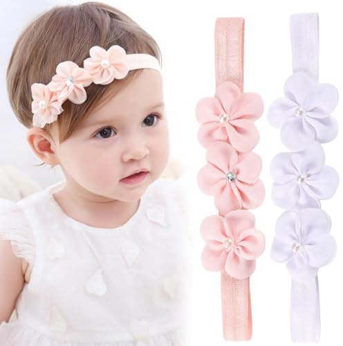 GHPKOTW 2 Stück Baby Haarband, Blume Elastisches Haarband, Weiche Baby Mädchen Stirnbänder, Für Neugeborene Kleinkinder Haarschmuck, Elastische Neugeborene Haarbänder Niedlicher Haarschmuck