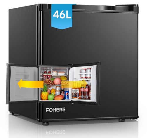 FOHERE Mini Kühlschrank 46L mit Eisfach | Kühlschrank Klein | Temperaturregelung, Energiesparend, Leise | Getränkekühlschrank Ideal für Büro, Camping und Gaming |Wechselbarer Türanschlag | Schwarz