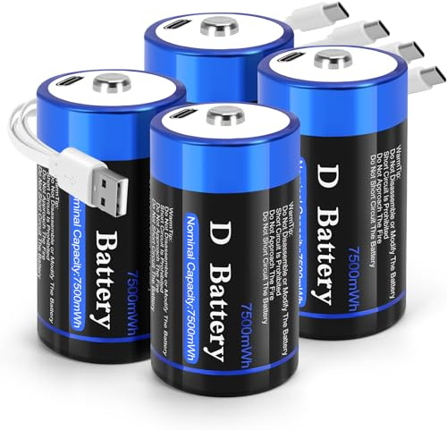 Wiederaufladbare Lithium-D-Zellen-Batterien 7500mWh mit USB-C-Ladekabel, 1,5v LR20 D-Größe Batterie für Taschenlampe/Leuchtfeuer & Spielzeug (4 Stück)