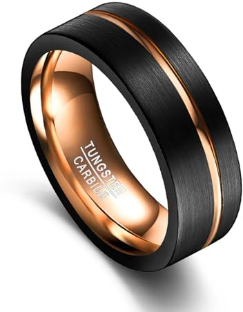 Vakki 8mm Wolfram Ring für Herren, Dünne Rille, Schwarz-Roségold Zweifarbig Ringe für Hochzeit und Alltag, Komfortpassform, Abgeschrägte Kanten, Größe 62(19.7)