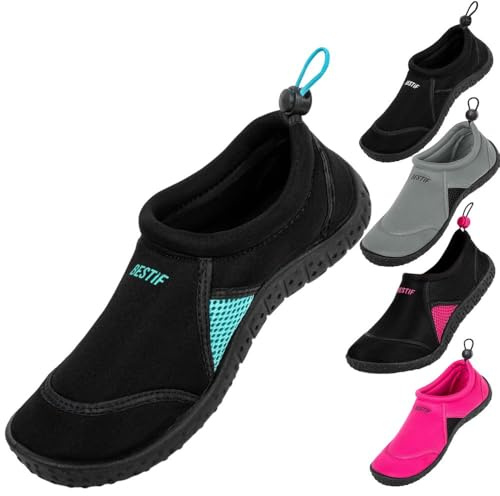BESTIF Badeschuhe Herren Damen | Schwimmschuhe Neopren Wasserschuhe Kordelzug | Leicht und Bequem | Gr. 36-45 (Schwarz-Türkis, 40)