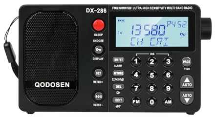 QODOSEN DX-286 Tragbares Kurzwellenradio FM Stereo/AM/LW/SW Hochempfindliches Vollbandradio mit TEF6686-Chip, LCD-Display, RDS-Wecker und wiederaufladbarem 18650-Akku (schwarz)