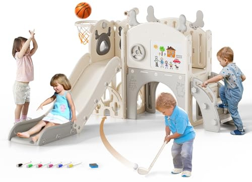Kinderrutsche,extralange Rutschbahn,freistehende Kleinkindrutsche mit Basketballkorb, Kleinkindklettergerüst, Montessori Baby-Gartenrutschen-Spielset,für drinnen und draußen (Grau Beige - 6 in 1)