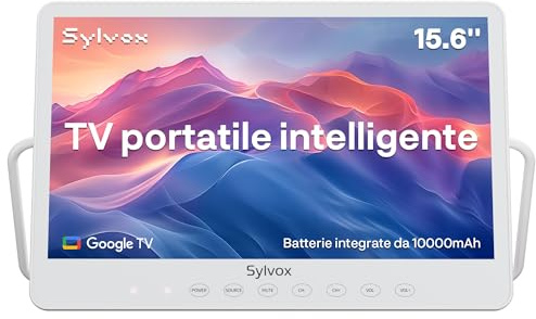 SYLVOX Tragbarer Fernseher 15,6 Zoll | Smart Google TV, IP66 Wasserdicht | 10000 mAh Akku (6h Laufzeit) | 1080P FHD, Dual-Lautsprecher, WLAN | 12V Kleine TV für Camping, Badezimmer, Wohnmobil & Küche