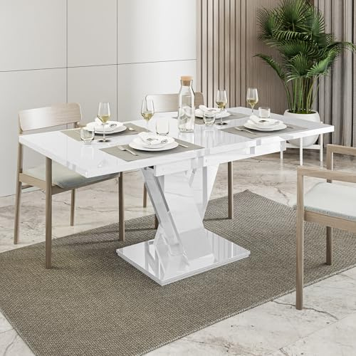 MALVI Esstisch ausziehbar 120-160x80 cm Weiß Hochglanz, Küchentisch | Esszimmertisch für 4–6 Personen, ausziehbar von 120 auf 160 cm, skulpturales V-Gestell, Hochglanz-Acrylbeschichtung