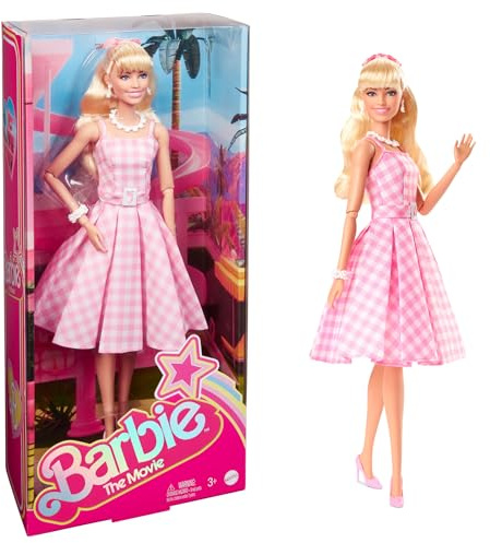 Barbie The Movie Puppe, Margot Robbie | Modepuppe im rosa-weißen Karokleid und Gänseblümchenkette aus Barbie-Film, ab 3 J., HPJ96