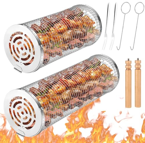 Farerkass Rollendes Grillkorb, 2 Stück Rollender Grillkorb Edelstahl Zylindrisch, Grillnetzrohr mit Abnehmbarer Griff, BBQ Grillzubehör für Außengrill Gemüse Fisch Fleisch