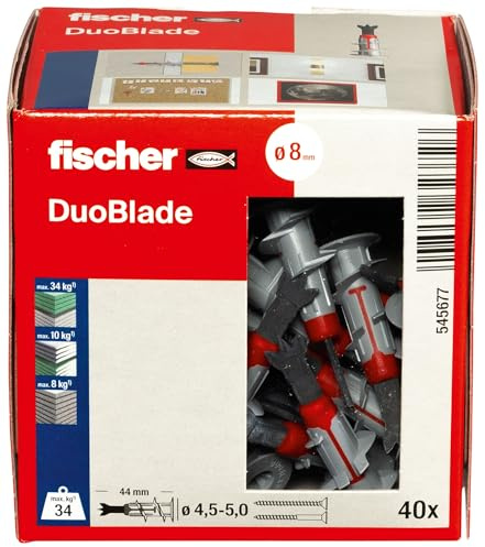 fischer DuoBlade, selbstbohrender Gipskartondübel, starker Dübel für einfache Montage in Gipskarton- und Gipsfaserplatten, mit Zentrierspitze aus Metall, 40 Stück