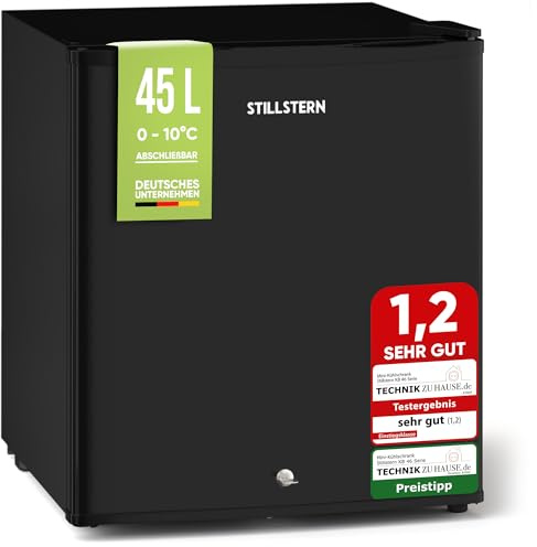 Stillstern Mini Kühlschrank E 45L mit Abtauautomatik, Schloss, Frostfach, Leise, Ideal für Küche, Büro, Schlafzimmer, Hotels und kleine Wohnungen Kühlschrank klein Minibar R600A Getränkekühlschrank