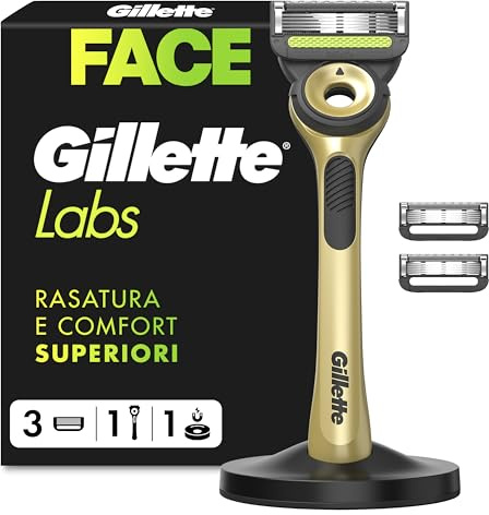 Gillette Labs Rasierer Herren mit Reinigungselement, Nassrasierer Männer Champion Gold Edition — Inkl. 1 Handstück, 3 Ersatzklingen mit Wandhalterung für Einfache Lagerung — Edelstahl