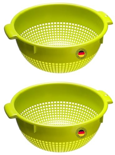 Westmark Seiher – Zwei große Seiher mit 2 Griffmulden und 4 Aufsatzrasten zum Waschen und Abtropfen – Apfelgrün, Kunststoff, ø 24 cm
