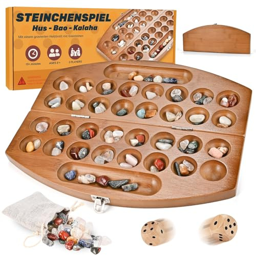 Wooderma Hus Bao Kalaha Steinchenspiel Mancala aus Holz mit Edelsteinen, Edelsteinspiel, Muschelspiel, Strategiespiel, Bohnenspiel für 2 Spieler, Geschenk zum Valentinstag