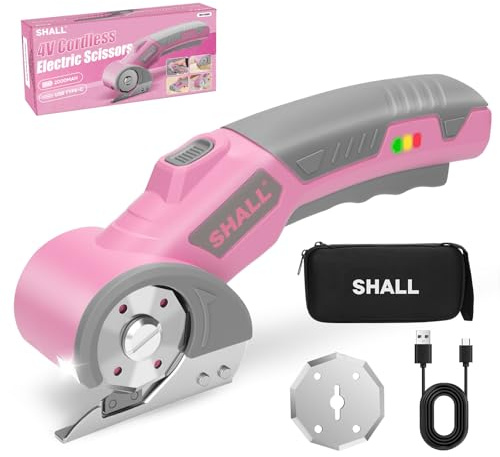 SHALL 4 V schnurlose Elektrische Schere,Rotary Cutter(Rosa),LED-Licht & Ersatzklinge,für Stoff, Leder, Teppich, Karton und Kunststoff