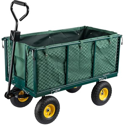 Wiltec Transportwagen bis 550 kg mit Metallgittern, Gartenwagen mit Abnehmbarer Plane, Bollerwagen mit Ablage, Handkarren für u. a. auf Rasen u.Kies