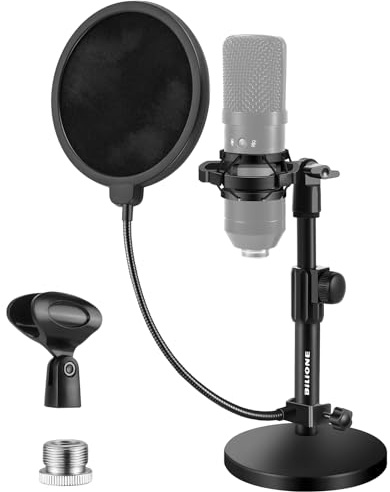 BILIONE Schreibtisch-Mikrofonständer Verbesserter, Verstellbarer Mikrofonständer mit Pop-Filter, Schockhalterung, Mikrofonclip, 1,6 cm auf 0,95 cm Metallschraubenadapter