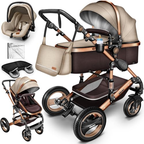 KIDUKU® 3 in 1 Kinderwagen XXL Set inkl. Babywanne Buggy Auto-Babyschale | Kombikinderwagen Komplettset mit Sportsitz Fußsack Vollgummireifen Wickeltasche Handwärmer Regenschutz Kindertisch ECE R129