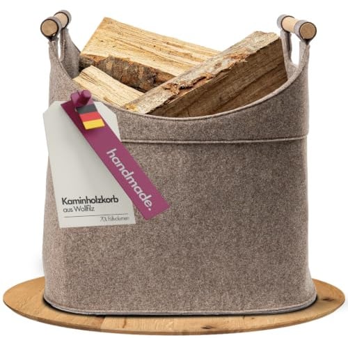 Filz Holzkorb für Kaminholz Groß [70 L] mit Echtholzhenkeln (Eiche) Plegeleichter Boden - Made in Germany - Kaminholzkorb XXL - Brennholzkorb standfest aus Recycling Filz easy and green®