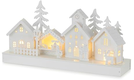 Staymoment Holz Weihnachtsdorf mit Beleuchtung, Deko Weihnachten | LED Lichthäuser Weiss, Weihnachtshäuser Deko, Schwibbogen, Weihnachtsdeko Innen, Tischdeko, Winterdeko